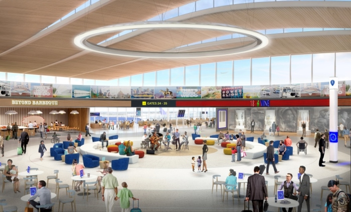 The New KCI Airport which features a two-story fountain anchoring the sleek, modern, initial design
