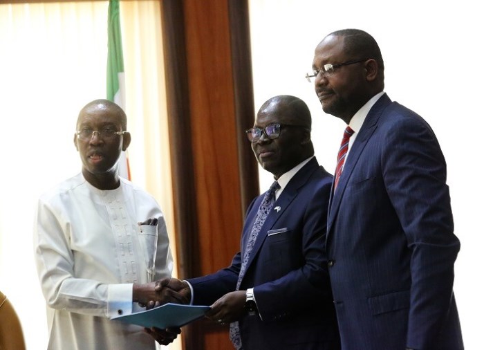 Gov. Ifeanyi Okowa (left) and Chairman, Alpha Energy and Electric Company, Ike Nwabuonwu