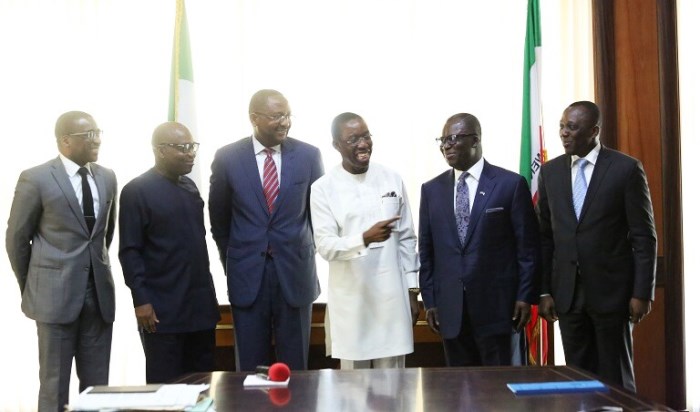 Gov. Ifeanyi Okowa (left) and Chairman, Alpha Energy and Electric Company, Ike Nwabuonwu