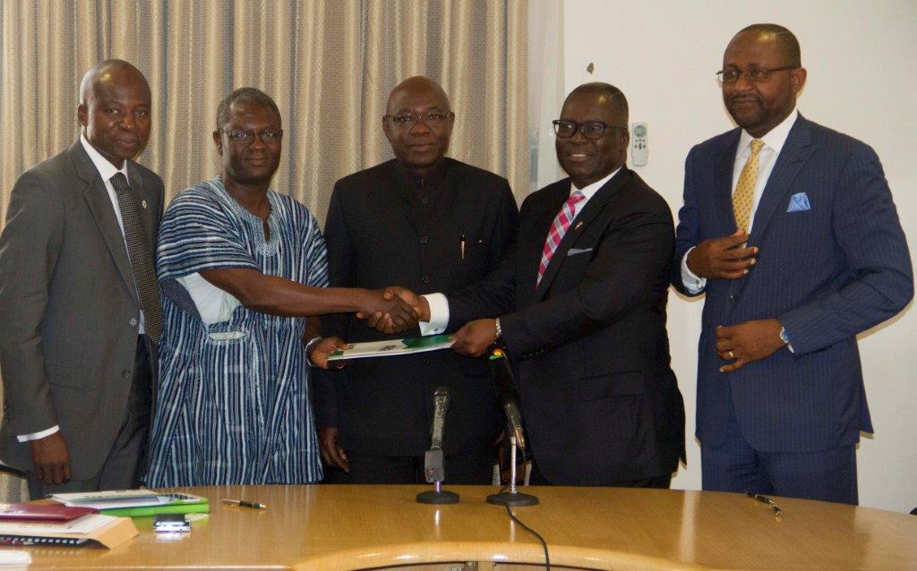 Ghana MOU signing Ceremony photo - from Left to Right: - Mr. Adam Sulley, Ag Board Chairman of SADA, Dr. Charles Abugre, CEO of SADA, Mr. Kwesi Fosu, Minister of State in-charge of Development Authorities, Mr. Ike Nwabuonwu, Chairman & CEO of Alpha Energy and Electric, Inc., and Mr. Gabriel Okafor President of Alpha Energy and Electric, Inc.,