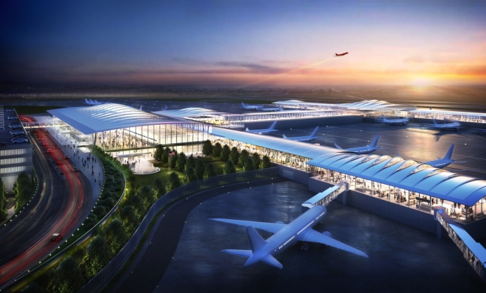 The New KCI Airport which features a two-story fountain anchoring the sleek, modern, initial design