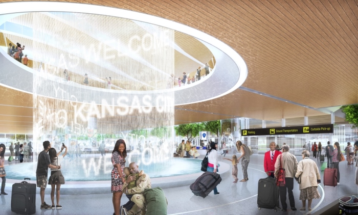 The New KCI Airport which features a two-story fountain anchoring the sleek, modern, initial design