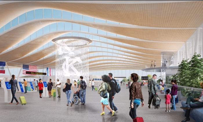 The New KCI Airport which features a two-story fountain anchoring the sleek, modern, initial design The New KCI Airport which features a two-story fountain anchoring the sleek, modern, initial design