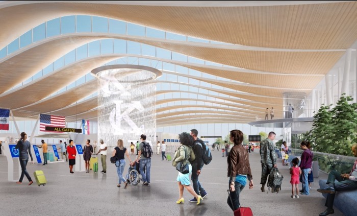 The New KCI Airport which features a two-story fountain anchoring the sleek, modern, initial design