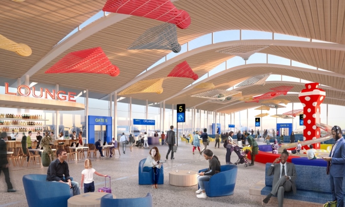 The New KCI Airport which features a two-story fountain anchoring the sleek, modern, initial design